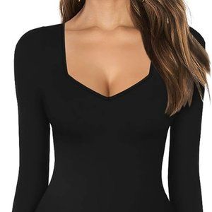 Sweetheart V Neck Bodysuit for Women Long Sleeve Medium